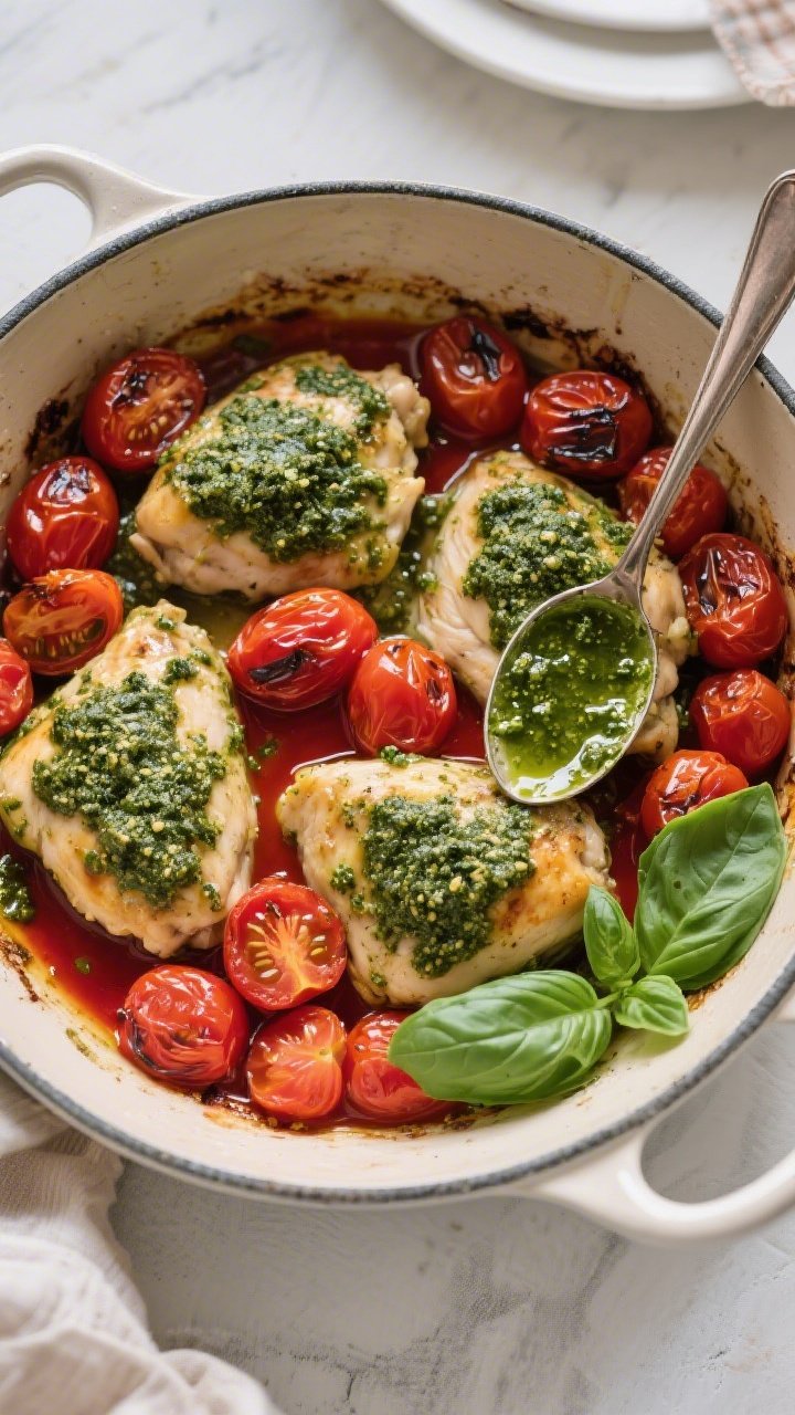 Overhead baking dish of pesto baked chicken with burst tomatoes: four boneless chicken pieces smothered in basil pesto, surrounded by blistered cherry/grape tomatoes that have released juices into a rustic pan sauce; a spoon showing oily green pesto mingling with red tomato juices; fresh basil leaf for styling nearby; inviting, summery Italian vibe.