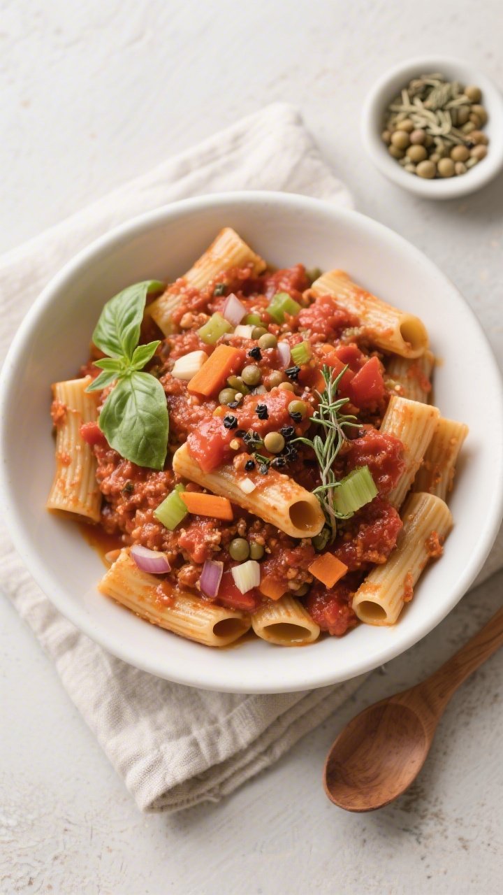Overhead bowl of Lentil Bolognese Over Whole-Wheat Rigatoni: hearty red lentil tomato sauce flecked with finely diced onion, carrot, celery, and garlic, scented with dried oregano and thyme, coating ridged rigatoni; a glossy sheen of olive oil, cracked black pepper, and a few basil leaves for lift; served in a wide white pasta bowl on a linen napkin, with a small dish of dried herbs and a wooden spoon nearby.