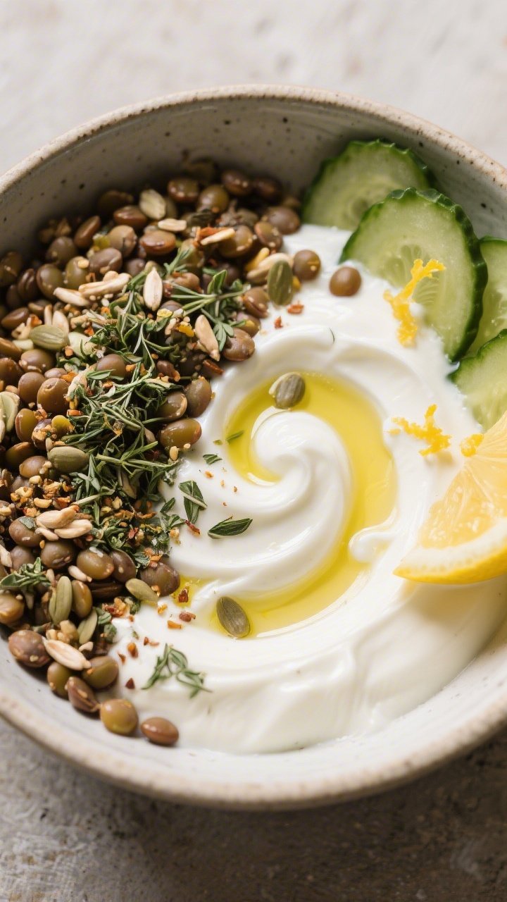 Overhead bowl shot of a savory yogurt bowl: creamy plain Greek yogurt swirled with olive oil, topped with warm herby lentils seasoned with za’atar or dried oregano and a pinch of ground cumin; crunchy mixed seeds scattered over the top for texture; a few cucumber slices and lemon zest nearby, minimal rustic styling to highlight protein-packed simplicity.