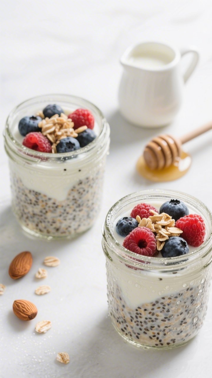 Overhead breakfast scene of Berry-Chia Overnight Oats: mason jars filled with creamy rolled oats and chia seeds soaked in unsweetened almond milk, swirled with plain Greek or coconut yogurt and a touch of maple syrup or honey; topped with fresh mixed berries and a crunchy almond sprinkle; condensation on jar sides for freshness; minimal, bright setup with a small pitcher of almond milk and a honey dipper.