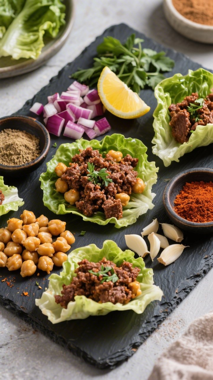 Overhead build-your-own platter for spiced lamb and chickpea lettuce wraps: browned ground lamb with cumin, smoked paprika, coriander; sautéed chickpeas; diced red onion; minced garlic; crisp lettuce cups; lemon wedge and small bowls of spices; arranged on a dark slate with vibrant colors popping.