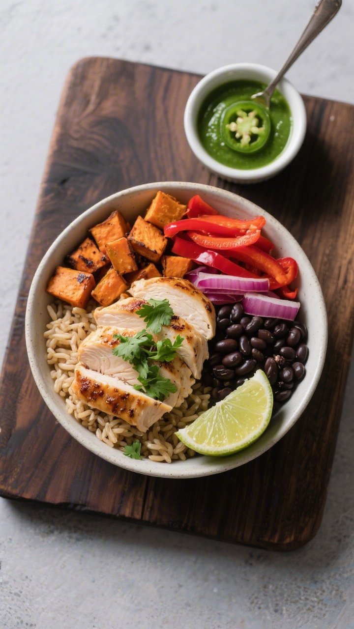 Overhead burrito bowl build: smoky roasted sweet potato cubes, sliced seared chicken breast, brown rice, black beans, sautéed red bell pepper strips, and red onion arranged in neat sections; vibrant green sauce (cilantro-jalapeño) spooned over chicken with extra in a ramekin; sprinkle of cilantro and squeeze of lime; styled on a dark wood board for contrast, clean modern look.