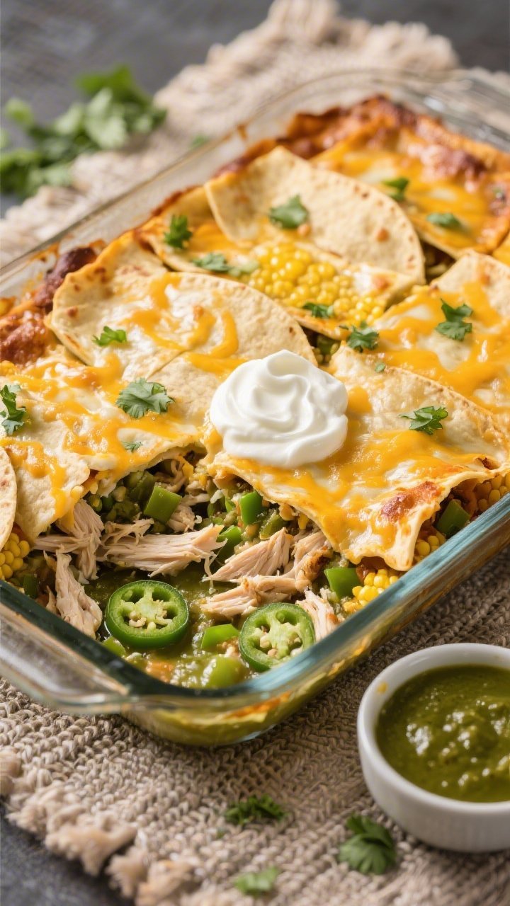 Overhead casserole shot of green chile cheesy chicken enchilada bake: layers of quartered corn tortillas, shredded chicken, green enchilada sauce, diced green chiles, and a creamy swirl of plain Greek yogurt, all bubbling with a golden cheese top; visible tortilla corners and saucy edges, light sprinkle of chopped cilantro for contrast; presented in a rectangular glass baking dish on a woven textile with a small bowl of extra green enchilada sauce nearby; inviting, family-style Southwest feel.