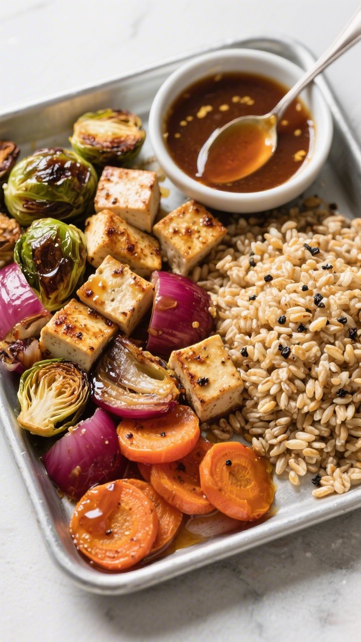 Overhead composed tray of maple-mustard roasted veggies with crispy tofu and farro: cornstarch-dusted tofu cubes roasted to crisp corners, bronzed Brussels sprouts halves, red onion wedges, and carrot coins glazed in maple-mustard, all arranged beside a mound of chewy farro; glossy sheen, charred edges, black pepper visible; small bowl of extra maple-mustard sauce and a spoon for drizzling.