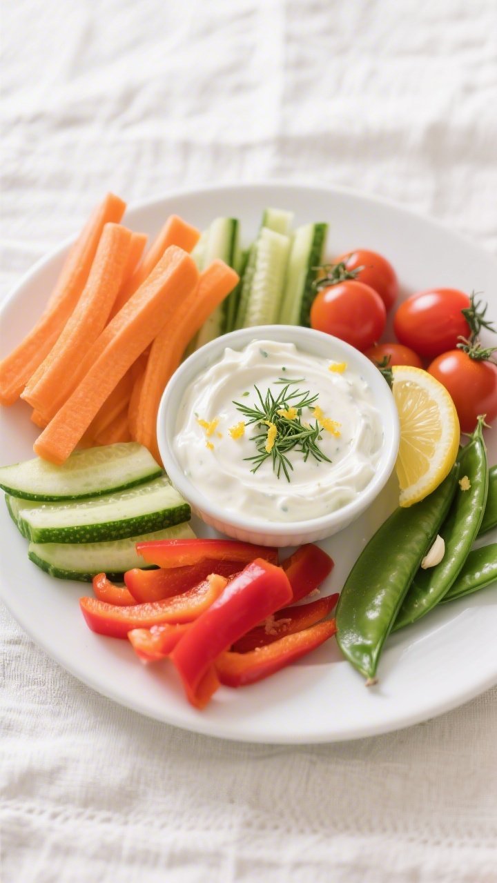 Overhead dip-and-dippers platter: a small bowl of thick Greek yogurt ranch dip (2% yogurt, lemon juice, dried dill, dried chives, garlic and onion powder, kosher salt) garnished with a dill sprinkle and lemon zest; surrounded by colorful veggie sticks—carrot ribbons, cucumber spears, cherry tomatoes, red bell pepper strips, and snap peas; clean white platter on a light linen, bright and fresh mood.