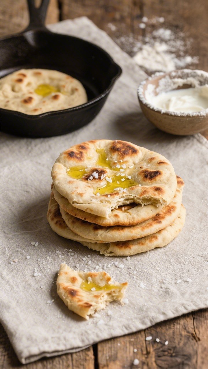 Overhead flat lay of 15-minute sourdough skillet flatbreads stacked and slightly charred, brushed with olive oil and sprinkled with flaky salt; one torn piece showing tender interior; nearby: a bowl of dough (sourdough discard, flour, yogurt/milk), a dusting of flour for rolling, and a hot skillet with a flatbread mid-bubble; neutral linen on a rustic wooden table.