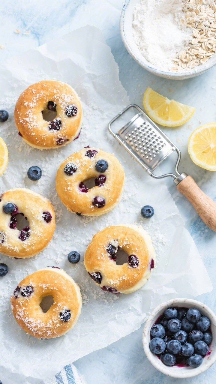 Overhead flat lay of baked blueberry buttermilk doughnuts studded with juicy berries, arranged on parchment and showered with lemon sugar dust; a zester and fresh lemons to the side, a bowl of blueberries bleeding a bit of juice; ingredient elements include GF sourdough discard, GF all-purpose flour with xanthan, oat flour, sugar, baking powder, and baking soda; airy, fresh morning light with cool blue accents.