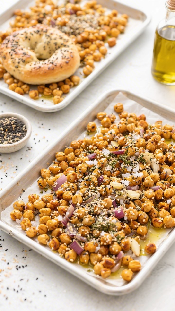 Overhead flat lay of everything-bagel roasted chickpeas: two sheet pans filled with golden, crackly chickpeas tossed in olive oil, kosher salt, and a heavy shower of everything-bagel seasoning (sesame seeds, poppy seeds, dried onion, dried garlic); some seasoning scattered on the parchment; a tiny pinch bowl of extra seasoning and a bottle of olive oil partially in frame; bright, crisp lighting.