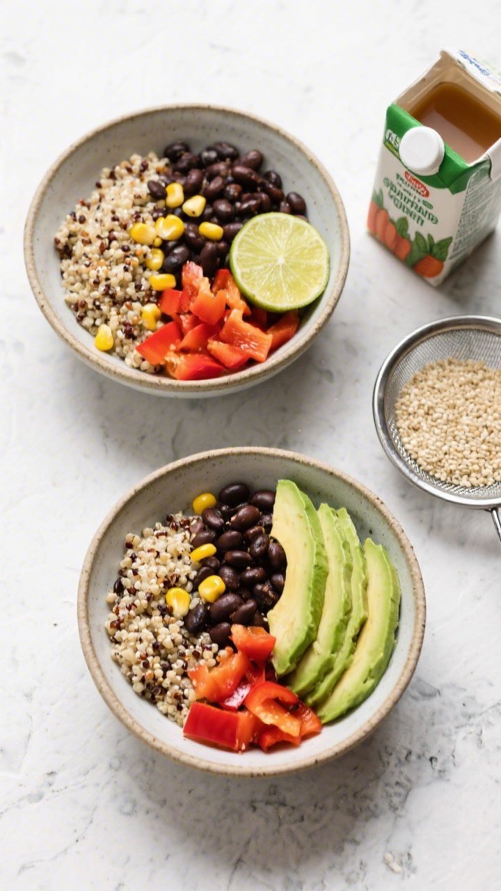 Overhead flat lay of smoky black bean and quinoa power bowls: two ceramic bowls with fluffy quinoa, black beans, corn kernels, diced red bell pepper, sliced avocado fan, and a lime wedge; vegetable broth carton and rinsed quinoa in a sieve off to the side; vibrant, healthy mood on a light stone surface.