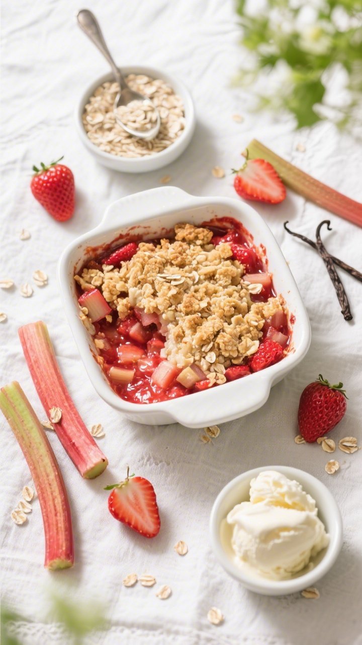 Overhead flat lay of strawberry–rhubarb crumble in a white enamel baking dish, bubbling ruby filling peeking through a golden vanilla oat topping; scattered fresh strawberries and rhubarb stalks, vanilla bean and oats in small prep bowls; a scoop just taken out into a small bowl with melting vanilla ice cream; bright spring ambiance on light linen.