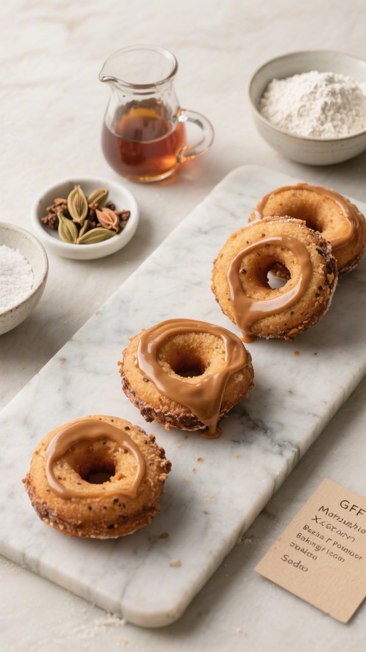 Overhead image of maple-cardamom old-fashioned doughnuts with craggy edges set on a cool marble slab, swirled with brown butter glaze that shows toasty speckles; a small dish of crushed cardamom pods, a jug of pure maple syrup, and bowls of GF all-purpose flour with xanthan and sweet rice flour (mochiko) arranged neatly; ingredients card noting baking powder and baking soda; clean, elegant styling with warm neutral tones.