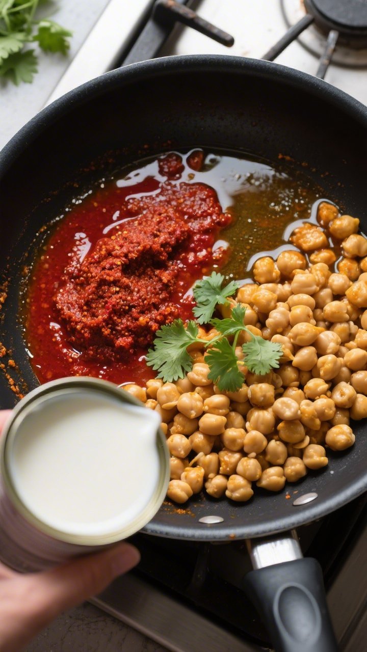 Overhead ingredient-to-pan transition shot for chickpea coconut curry: a black skillet with red curry paste blooming in oil in one section, drained chickpeas and an open can of full-fat coconut milk ready to pour; vibrant red, creamy white, and golden tones; scattered cilantro optional in background for color (not in dish), clean stovetop setting, quick weeknight energy.