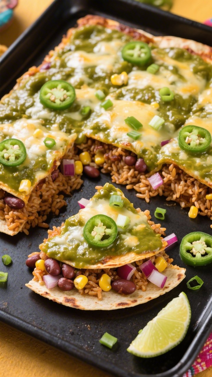Overhead layered green chile pinto, brown rice and corn enchilada casserole: quartered corn tortillas stacked with cooked brown rice, pinto beans, sweet corn, diced red onion, all smothered in green chile enchilada sauce and melted cheese; corners slightly crisped, garnished with chopped scallions and jalapeño slices, lime wedges nearby, bright southwest palette on a matte black baking sheet.