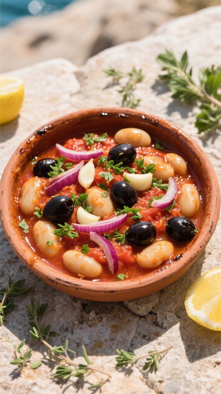 Overhead Mediterranean baked gigantes: large butter beans nestled in a thick crushed-tomato sauce with thin slices of red onion and garlic, glossy black olives, and chopped fresh herbs (parsley/oregano) shimmering in olive oil; rustic earthenware dish, scattered oregano leaves and lemon wedges around, sunlit coastal vibe on a stone surface.