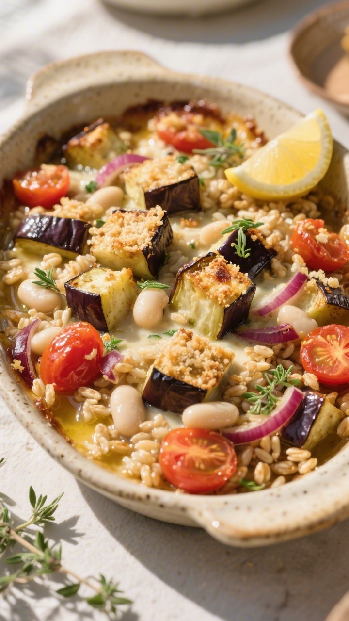 Overhead Mediterranean white bean, eggplant and farro gratin in a shallow stoneware dish: roasted 1-inch eggplant cubes glistening with olive oil and a hint of salt, pearled farro cooked in broth, creamy white beans, red onion slivers and cherry tomato halves tucked throughout, topped with a light breadcrumb-herb drizzle; golden, sunlit styling with lemon wedges and fresh oregano for a coastal Mediterranean mood.