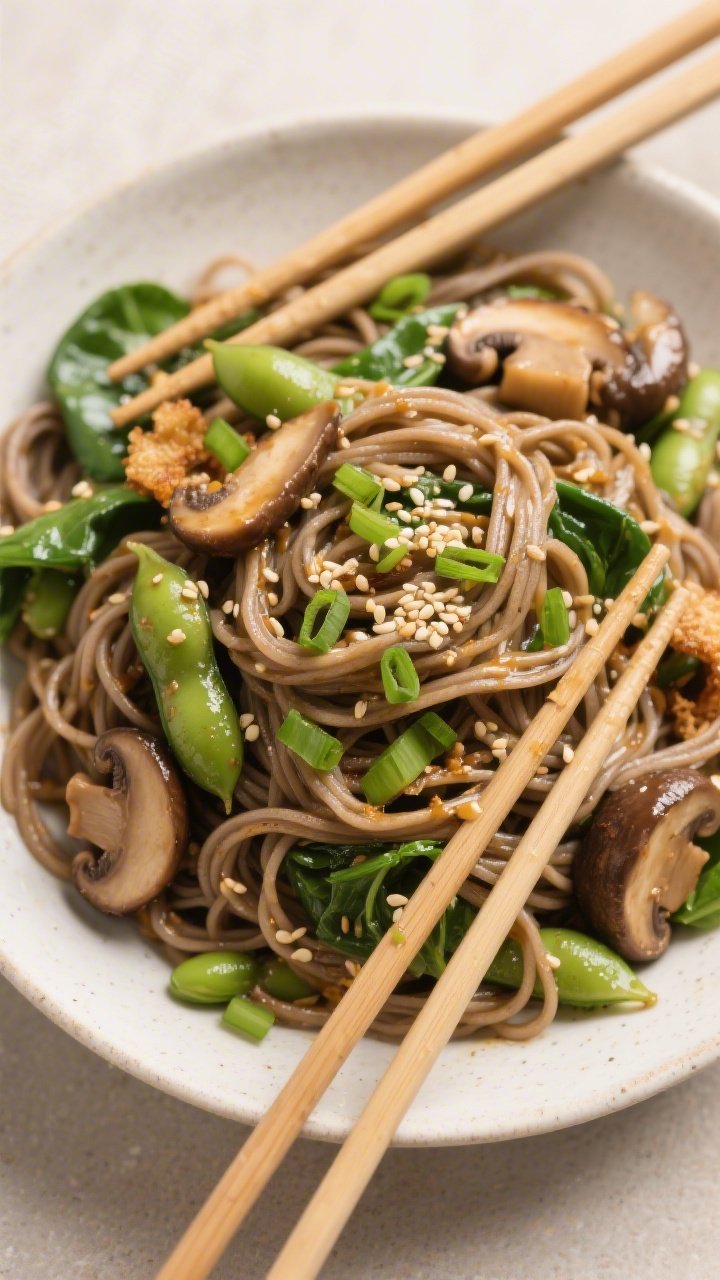 Overhead noodle tangle of miso-ginger soba: buckwheat noodles slicked with miso-ginger dressing, tossed with edamame, baby spinach, crispy-edged cremini/shiitake mushrooms; sliced green onions and toasted sesame seeds sprinkled over; chopsticks set diagonally; neutral backdrop for earthy tones.