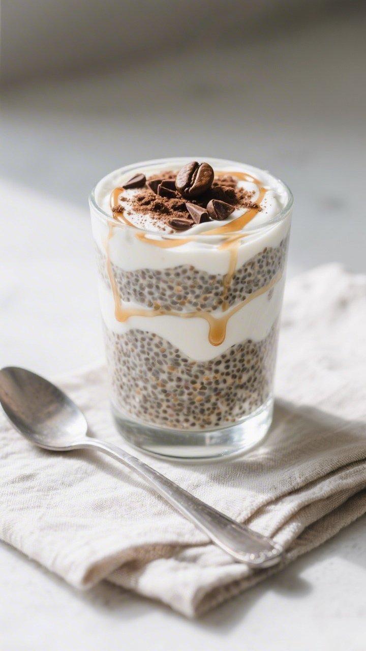 Overhead parfait build: high-protein chia pudding parfait layered in a clear glass—almond milk-chia-protein mixture set creamy with Greek yogurt swirls; faint maple syrup ribbons; topped with a dusting of espresso-cocoa, cacao nibs, and a coffee bean or two; spoon resting on a linen napkin; minimalist, modern styling, cool daylight.