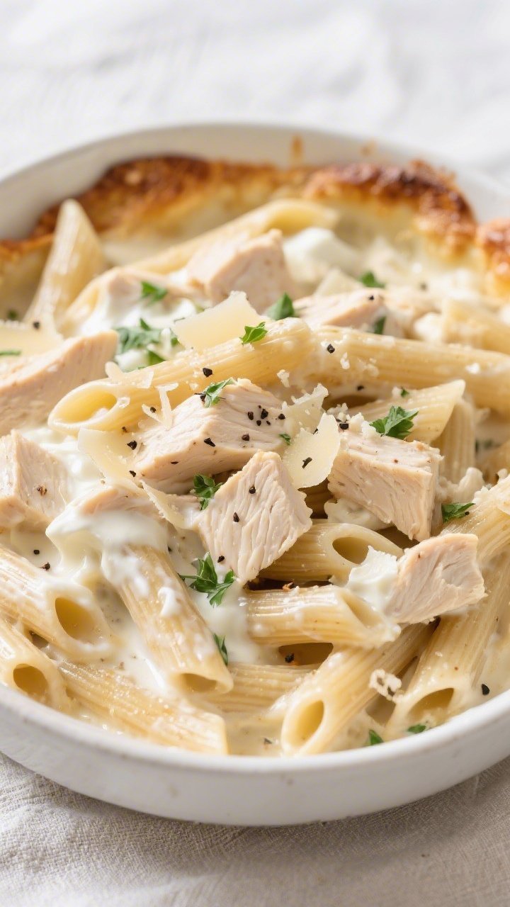 Overhead plated bowl of Greek yogurt chicken Alfredo bake: whole-wheat penne tossed in a silky sauce made from sautéed garlic in olive oil, chicken broth, plain Greek yogurt, and grated Parmesan, folded with cubed cooked chicken breast; lightly baked until the top just sets with a faint golden speckle; garnished with cracked black pepper and chopped parsley; creamy yet light appearance, glossy sauce coating each noodle on a white ceramic bowl over a light linen.