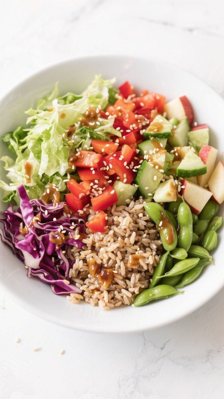 Overhead rainbow chopped salad spread: a big crunch salad arranged in a low white bowl—shredded green or Napa cabbage and red cabbage, diced red bell pepper, diced cucumber, diced crisp apple, bright green edamame, and speckled cooked brown rice; drizzled with maple-miso vinaigrette, sesame seeds scattered; ingredients neatly segmented but slightly mingling for texture; bright, fresh, high-key styling on a white surface.
