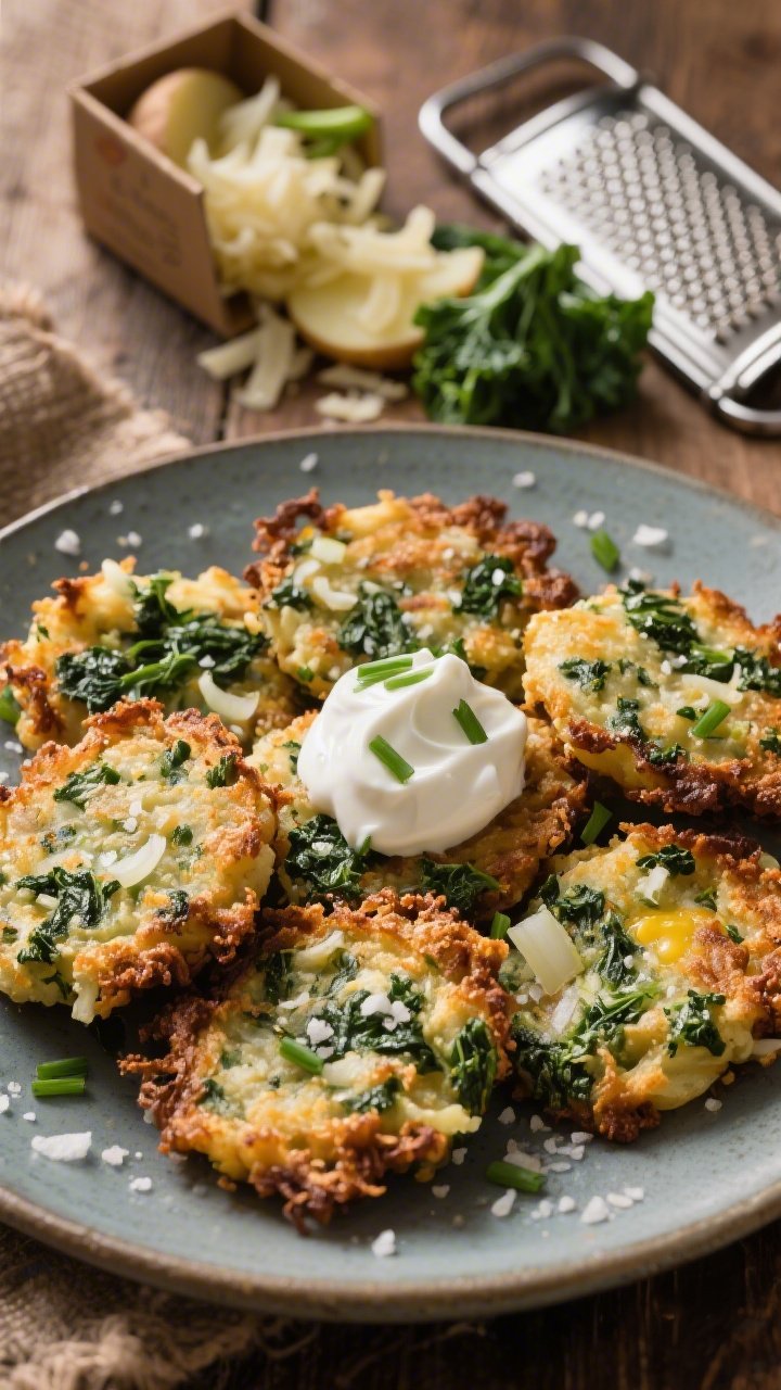 Overhead rustic platter of crunchy baked kale-and-potato “latke” bites: small, round patties with frizzly, browned edges, flecked with finely chopped kale and grated onion, bound with egg and panko, seasoned with kosher salt; served with a dollop of sour cream and a sprinkle of chives; a box grater and a small pile of raw grated potato and kale stems off to the side; warm, homey lighting capturing crisp texture.