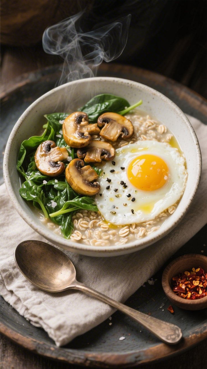 Overhead savory breakfast oat bowl: creamy rolled oats cooked in broth, topped with sautéed mushrooms (golden edges), wilted baby spinach, and a jammy-yolk or sunny-side egg; finish of black pepper, flaky salt, and a light olive oil drizzle; rustic spoon, napkin, and a tiny dish of chili flakes in frame; cozy, steam-lifted ambiance emphasizing umami and comfort.
