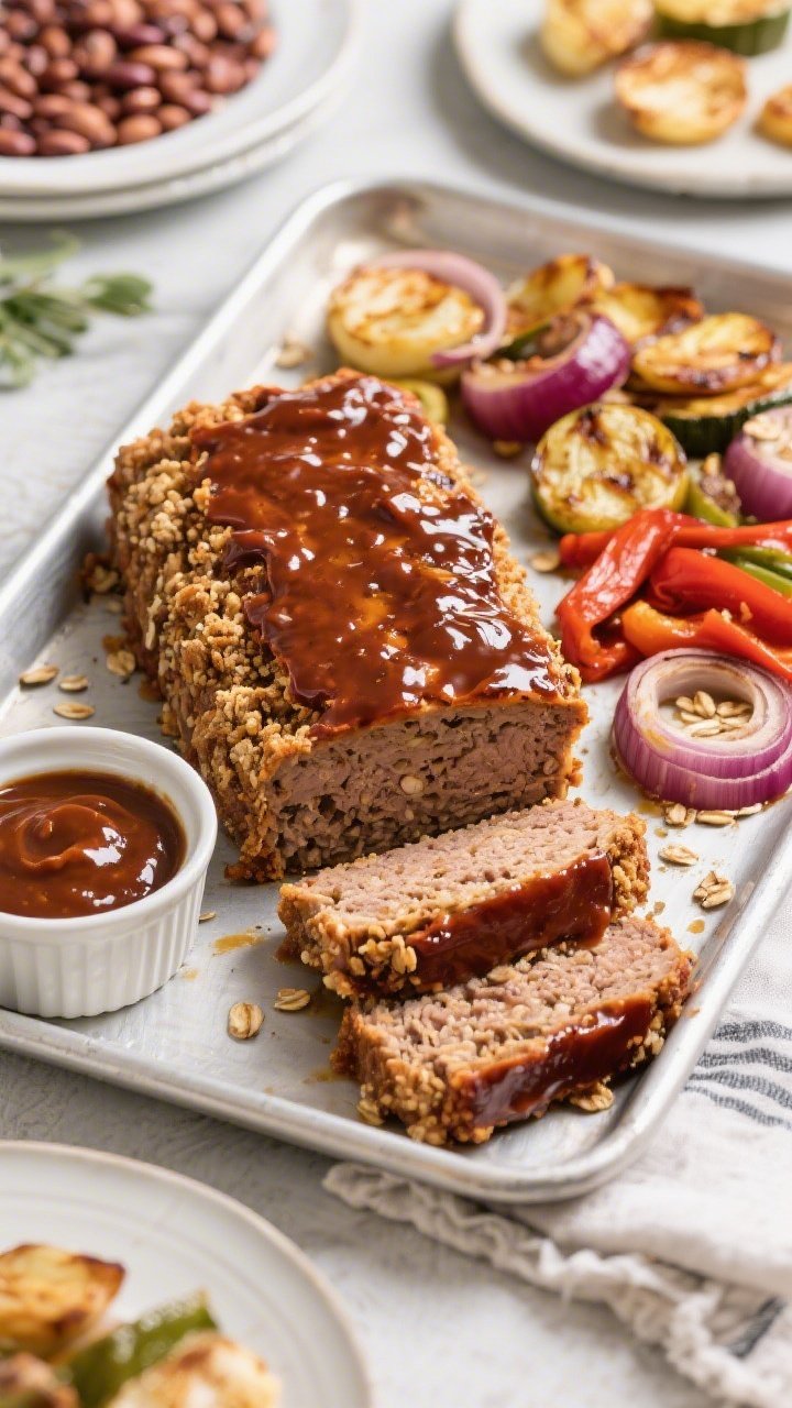 Overhead sheet dinner: BBQ-glazed pinto bean veggie “meatloaf” formed as a rectangular bake with a glossy sauce top, sliced to show a hearty oat-and-breadcrumb crumb; roasted vegetable sides on the same tray (think onion wedges and pepper strips) lightly caramelized, extra BBQ sauce in a ramekin, clean lines, appetizing family-dinner styling.