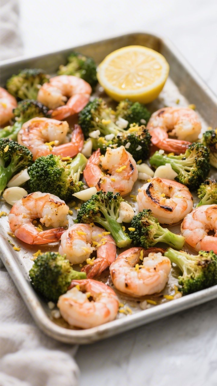 Overhead sheet-pan scene of lemon garlic shrimp with roasted broccoli: plump pink shrimp nestled among charred broccoli florets, flecks of grated garlic, lemon zest sprinkled over, lemon halves squeezed with a few droplets visible; bright, clean lighting for a weeknight dinner feel, minimal props, crisp textures emphasized.
