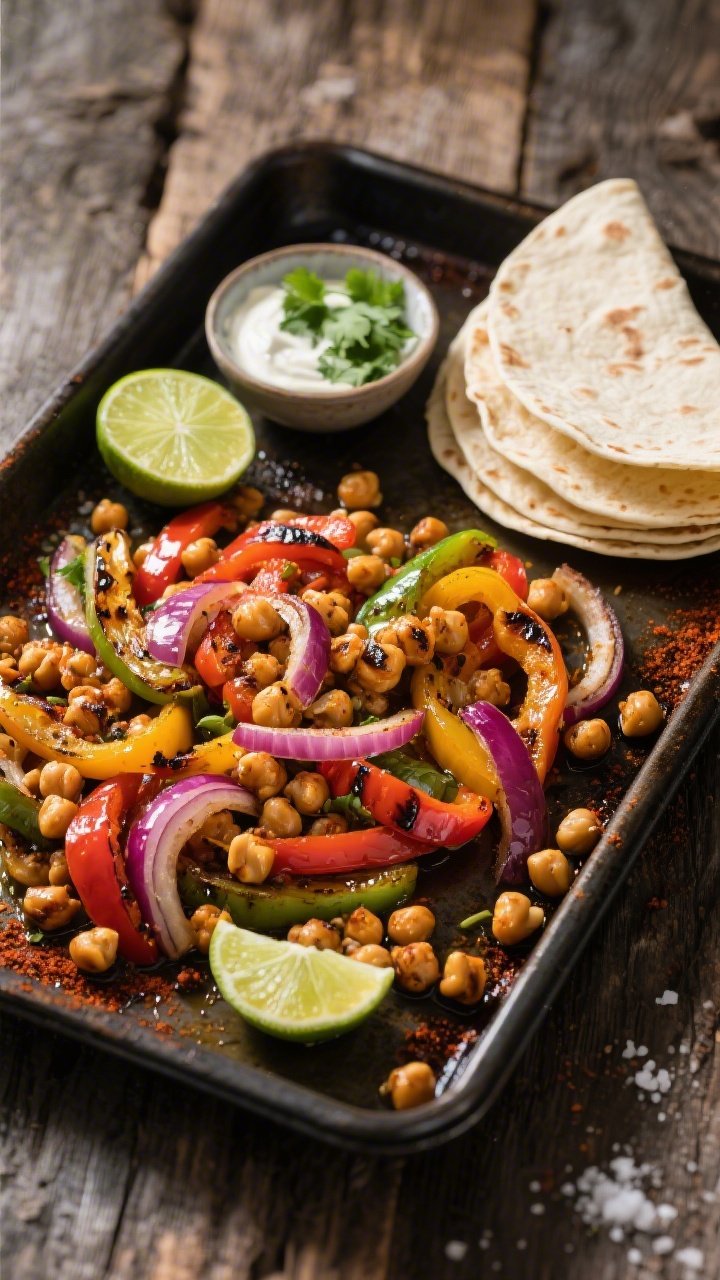 Overhead sheet-pan scene of Smoky Chickpea Fajitas fresh from the oven: crisped chickpeas dusted with smoked paprika and cumin, charred strips of mixed-color bell peppers and red onion wedges glistening with olive oil, warm flour tortillas stacked nearby, limes halved with a small bowl of zesty lime crema, cilantro, and a sprinkle of sea salt; styled on a dark metal pan over a rustic wood surface, vibrant, contrasty light, no people.