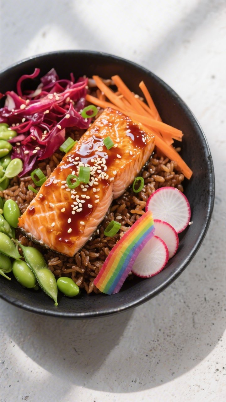 Overhead shot of a Rainbow Teriyaki Salmon Bowl: glazed, skin-on salmon fillets with a lacquered teriyaki sheen atop warm brown rice, surrounded by shelled edamame, shredded red cabbage, carrot ribbons, and thinly sliced small radish; sprinkled with sesame seeds and sliced green onion; glossy soy-teriyaki drizzle pooled lightly; vibrant rainbow color contrast on a matte black ceramic bowl over a light concrete surface, soft natural window light.