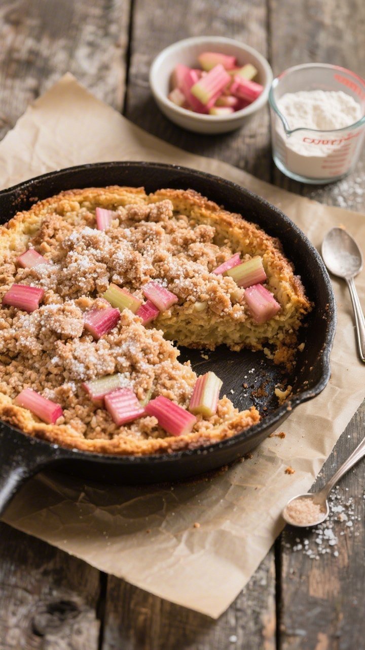 Overhead shot of a rustic rhubarb streusel cake just out of the oven on a parchment-lined cast-iron skillet, crumbly brown sugar streusel scattered over tender pink diced rhubarb (1/2-inch pieces) visible through the cracks, a light dusting of granulated sugar on top, golden edges, one slice removed to reveal moist crumb; props include a small bowl of tossed rhubarb with sugar, a measuring cup of all-purpose flour, and a spoon with baking powder and sea salt; soft morning light on a worn wooden table.