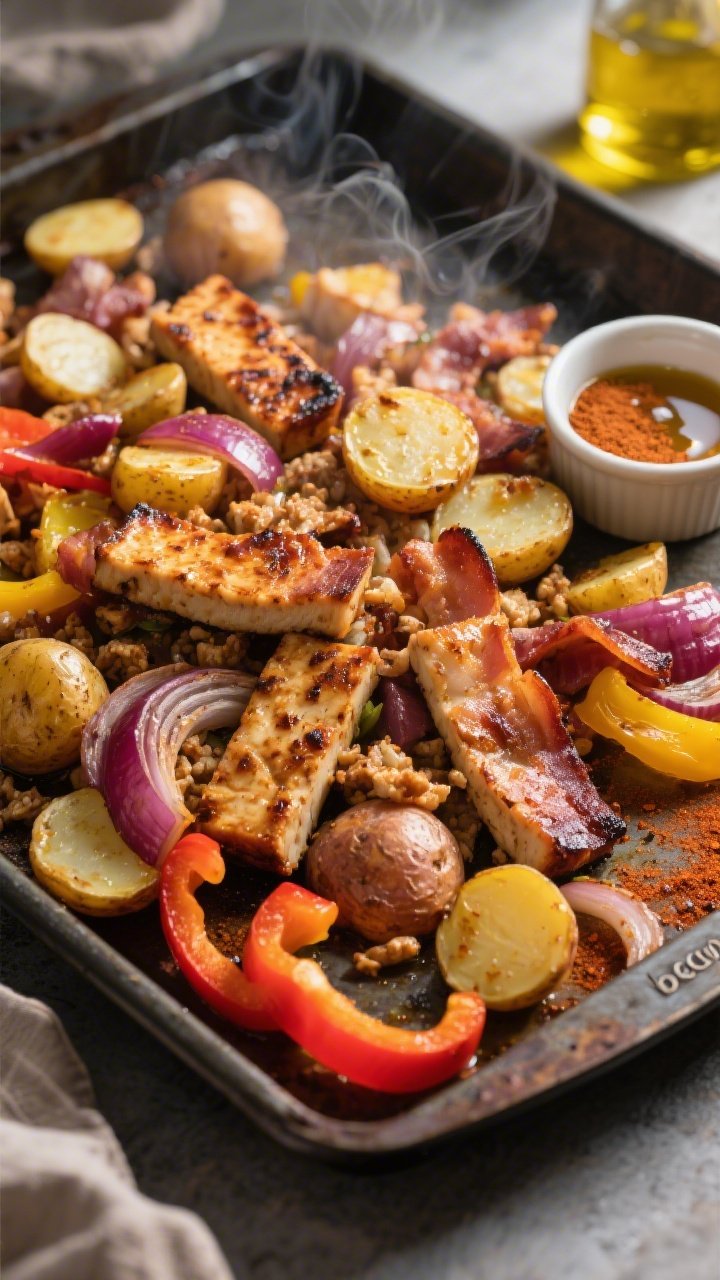 Overhead shot of a rustic sheet pan smoky tempeh “bacon” breakfast hash: crisped 1/4-inch tempeh strips with charred edges, golden baby potatoes quartered, ribbons of red and yellow bell peppers, and caramelized red onion, all glistening with olive oil and smoked paprika, set on a dark metal pan with wisps of steam, a small ramekin of smoky seasoning and a drizzle of oil nearby; warm morning light, high contrast, appetizing browning.