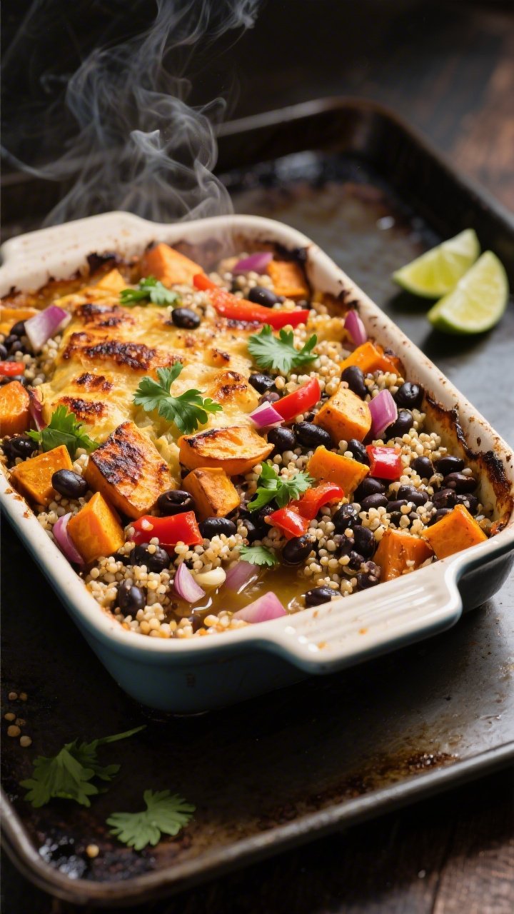 Overhead shot of a smoky sweet potato, black bean and quinoa bake just out of the oven: golden-diced sweet potatoes, black beans, fluffy quinoa cooked in vegetable broth, red bell pepper, finely chopped red onion, and minced garlic visible in a crisped, lightly charred top; rustic enamel baking dish on a dark sheet pan, steam rising, garnished with chopped cilantro and lime wedges on the side, warm earthy tones emphasizing the smoky, hearty vibe.