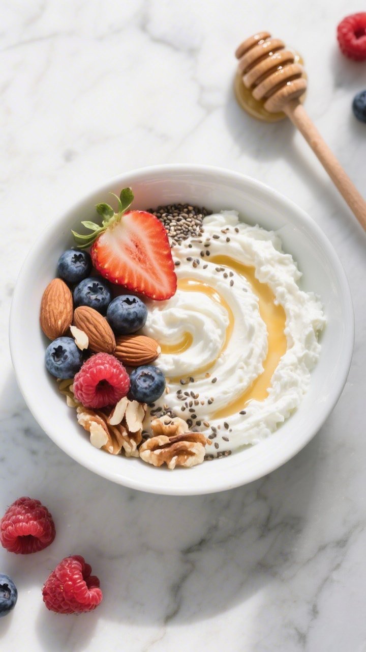 Overhead shot of a speedy cottage cheese bowl in a white ceramic dish: 1 cup low-fat cottage cheese swirled creamy, topped with a neat half-moon of mixed berries (strawberries, blueberries, raspberries), a sprinkle of chopped almonds and walnuts, scattered chia seeds, and a glossy honey drizzle; styled on a marble surface with a honey dipper and extra berries, bright natural light, crisp textures highlighted.