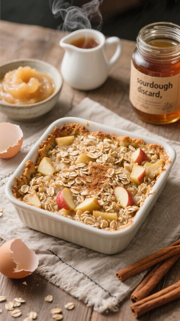 Overhead shot of a warm cinnamon apple crumble oatmeal bake in a square ceramic dish, golden oat top with visible rolled oats, tender apple chunks, and a sprinkle of cinnamon; a small pitcher of maple syrup, a jar labeled “sourdough discard,” a bowl of unsweetened applesauce, and a cracked egg shell nearby; rustic linen, steam rising, cozy pie-for-breakfast vibe, natural morning light.