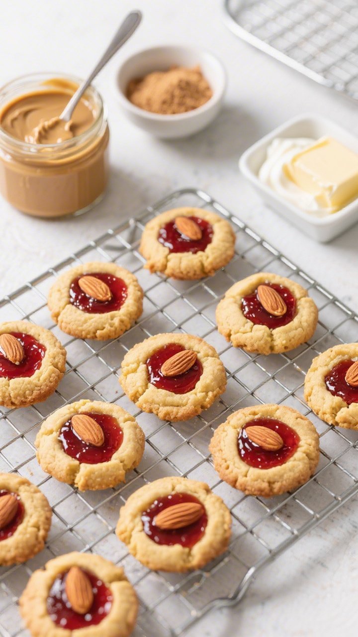 Overhead shot of almond butter jam thumbprint cookies cooling on a wire rack; each cookie has a glossy ruby jam center, defined thumbprint, and golden almond edges; props: a jar of creamy almond butter with spoon marks, a small bowl of coconut sugar, a dollop of Greek yogurt, and a butter dish; clean composition that highlights the jam glow and nutty tones.