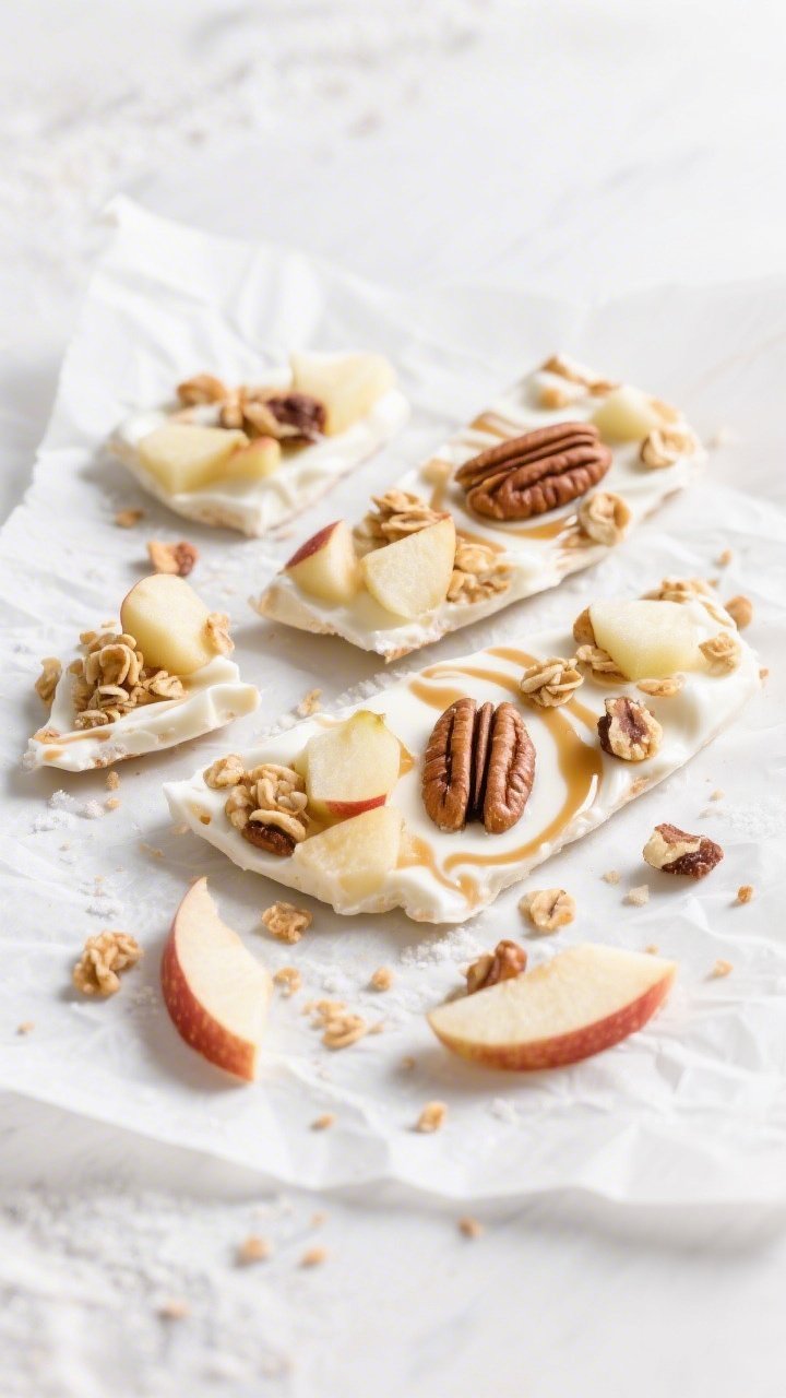 Overhead shot of apple pie yogurt bark on parchment: vanilla Greek yogurt base swirled with maple syrup, cinnamon, and vanilla, studded with finely diced apple, clusters of granola, and chopped pecans; broken into irregular shards with a few crumbs and apple bits scattered; cool white surface, crisp light to highlight frosty textures and warm spice tones.
