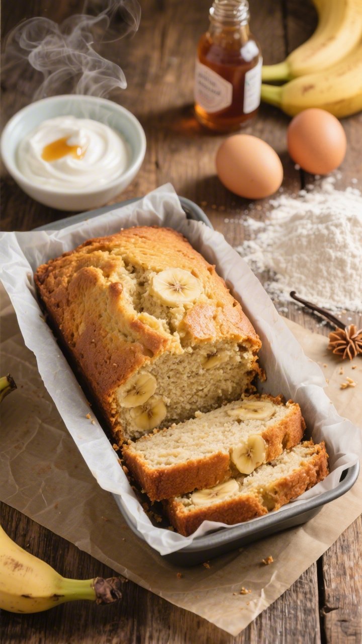 Overhead shot of Classic Greek Yogurt Power Banana Bread just sliced on a parchment-lined loaf pan: golden, moist crumb with visible mashed banana flecks; small bowl of plain 2% Greek yogurt, a drizzle of maple syrup, vanilla extract bottle, two room-temperature eggs, and a heap of white whole wheat flour sprinkled nearby; warm natural morning light, rustic wooden surface, minimal props, steam gently rising from a freshly cut slice.