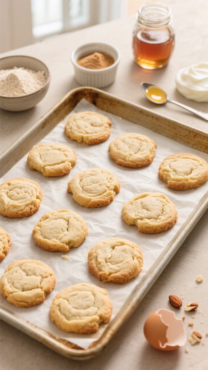 Overhead shot of classic soft-baked vanilla almond cookies just out of the oven, arranged on a parchment-lined sheet pan; golden edges, soft centers, faint crackle; props include a small bowl of fine almond flour, a ramekin of coconut sugar, a jar of maple syrup, a spoon with melted butter, a dollop of plain whole-milk Greek yogurt, and a cracked egg shell; warm neutral tones, soft window light, minimal crumbs to emphasize melt-in-your-mouth texture.