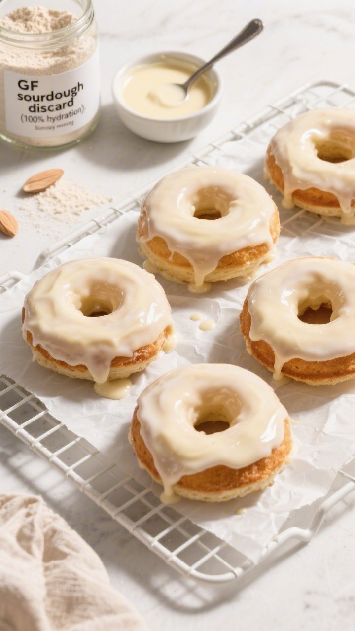 Overhead shot of classic vanilla-glazed gluten-free sourdough discard doughnuts on a white wire rack over parchment, glossy vanilla glaze pooling slightly, a small bowl of glaze with a spoon, visible ingredients styled nearby: a jar labeled “GF sourdough discard (100% hydration),” fine almond flour, gluten-free all-purpose flour with xanthan, sugar, baking powder, and a pinch of salt; bright morning light, soft shadows, warm “Sunday morning” mood, crisp focus on glaze sheen and tender crumb.