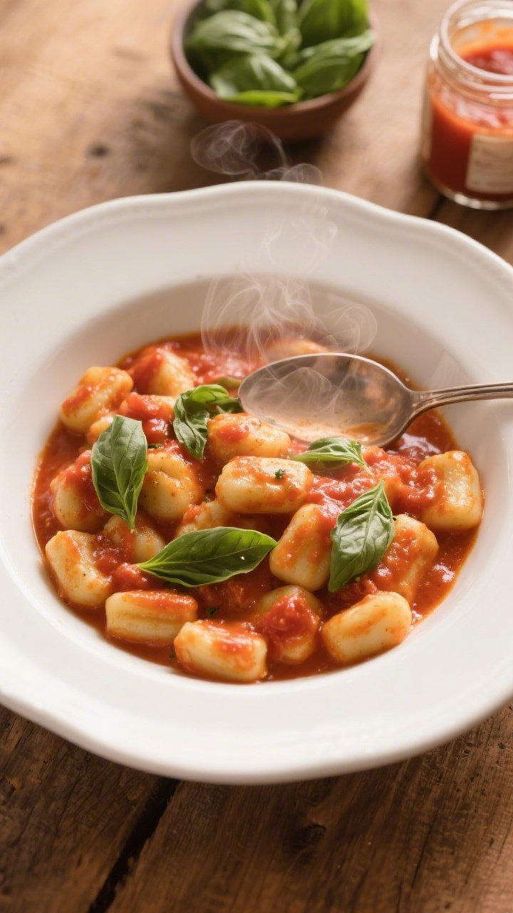 Overhead shot of creamy tomato basil gnocchi in a wide, shallow white bowl: pillowy potato gnocchi coated in glossy marinara, ribbons of torn fresh basil scattered on top, a spoon resting in the sauce, light steam rising; styled on a warm wooden table with a small bowl of extra basil leaves and a jar of marinara in the background; soft afternoon light, Italian comfort mood.