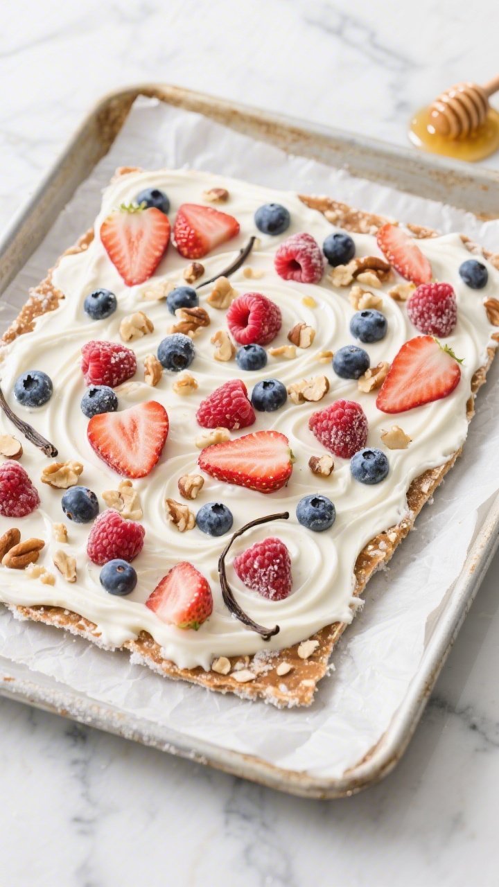 Overhead shot of crunchy Greek yogurt bark spread thin on a parchment-lined sheet pan: swirls of plain 2%–5% Greek yogurt lightly sweetened with honey, perfumed with vanilla, studded generously with mixed berries (blueberries, sliced strawberries, raspberries) and chopped nuts; snap-crisp frozen texture with frosty edges, drips of honey nearby, set on a cool marble surface for a bright, clean, high-protein dessert vibe.