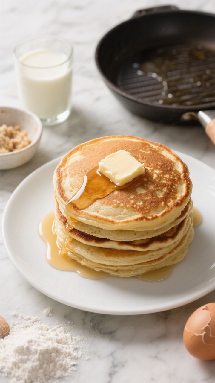 Overhead shot of fluffy sourdough pancakes stacked high on a white plate, golden-brown with crisp edges, a pat of melting butter on top and maple syrup dripping down; show a small bowl of sourdough discard, a glass of buttermilk, a cracked egg, and a dusting of all-purpose flour and sugar nearby; warm morning light on a marble surface, clean styling, visible baking soda bubbles in the batter on a side griddle pan for context.