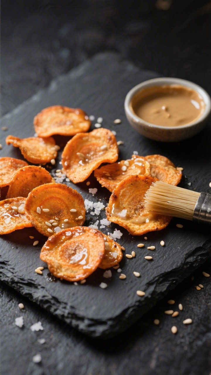 Overhead shot of miso-sesame carrot chips on a dark slate: thin, evenly sliced carrot rounds baked until wavy and crisp, lacquered with a glaze of white miso, sesame oil, rice vinegar, and honey/maple, sprinkled with kosher salt and toasted sesame seeds; a brush and tiny bowl with remaining miso glaze to the side; contrasty light to show glossy sheen and snap-worthy edges.