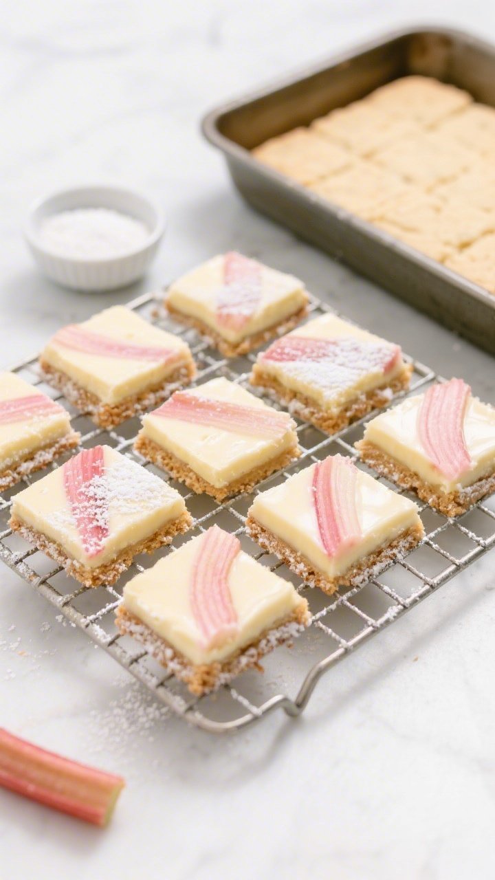 Overhead shot of rhubarb custard bars on a shortbread crust, neatly cut squares dusted lightly with powdered sugar; creamy pale-yellow custard marbled with soft pink rhubarb, sharp corners of the buttery base visible; arranged grid-style on a cooling rack with a small bowl of sugar and a pan of baked shortbread off to the side; bright, clean styling.