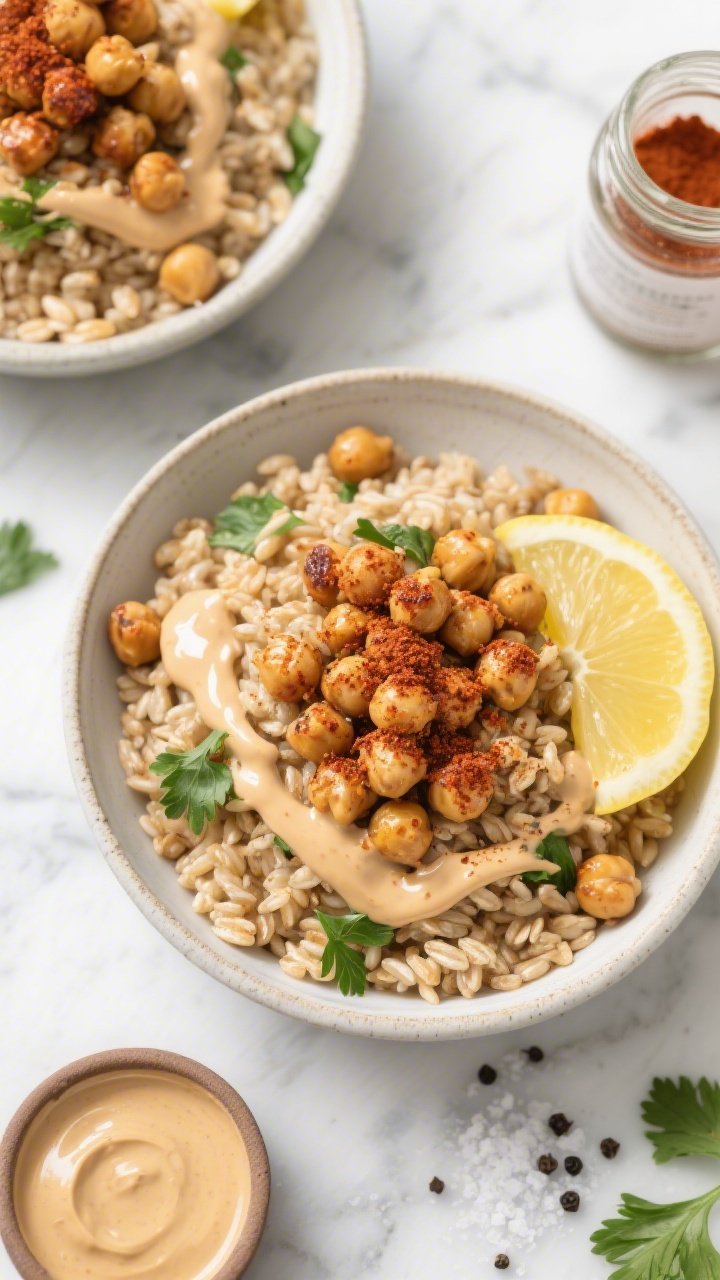 Overhead shot of Smoky Chickpea and Farro Power Bowls: fluffy cooked farro piled into wide shallow bowls, topped with roasted chickpeas dusted with smoked paprika and ground cumin, lemon wedges on the side, a glossy lemon-tahini drizzle ribboned over everything; scattered fresh parsley, pinch of kosher salt and black pepper visible; set on a cool marble surface with a small ramekin of tahini sauce and a jar of smoked paprika nearby; bright, clean daylight, crisp textures of chewy farro and crispy chickpeas emphasized.