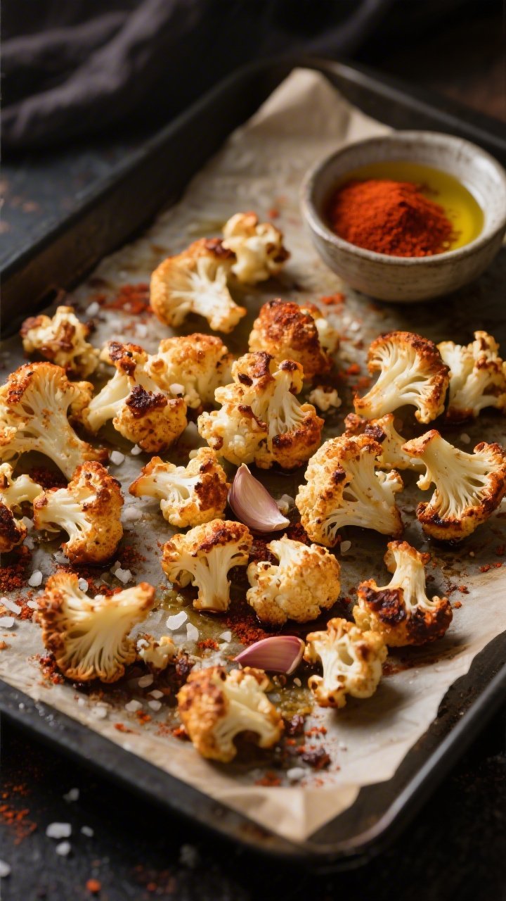 Overhead shot of smoky paprika cauliflower “popcorn” fresh from the oven: small, evenly sized cauliflower florets with crispy browned edges, coated in olive oil, smoked paprika, garlic powder, onion powder, and a sprinkle of flaky salt, on a dark sheet pan lined with parchment; a small bowl of smoked paprika and a drizzle of olive oil nearby; warm, moody lighting highlighting the reddish-golden crust and tender interior.