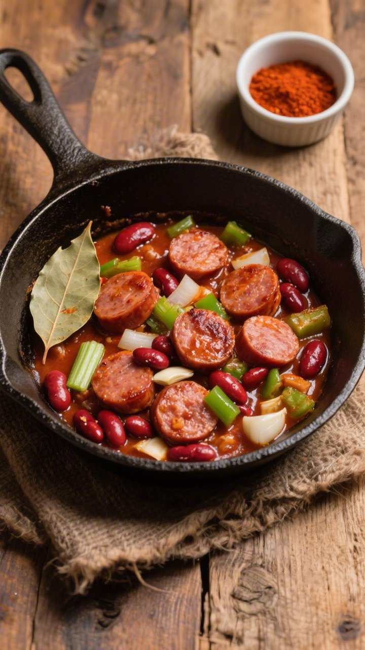 Overhead skillet of Cajun red beans and turkey sausage: browned smoked turkey sausage coins nestled with red kidney beans, diced onion, green bell pepper, celery, and garlic; paprika-hued sauce clinging to ingredients; bay leaf and Cajun spice ramekin nearby; rustic cast-iron on a wooden table.