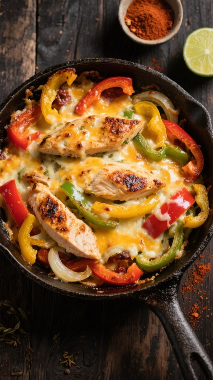 Overhead skillet shot of a cheesy chicken fajita bake fresh from the oven: thinly sliced boneless skinless chicken breasts, mixed bell peppers in red, yellow, and green, and sliced yellow onion, all seared in olive oil and coated with chili powder, ground cumin, and smoky paprika, blanketed with bubbling melted cheese, charred edges of peppers visible, served in a cast-iron skillet on a dark rustic wood surface with lime wedges and a small bowl of chili powder nearby; vibrant Tex-Mex mood, sharp focus on glossy peppers and gooey cheese.