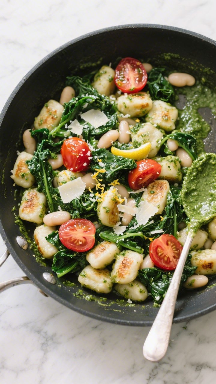 Overhead skillet-to-pan transition shot of green goddess pesto gnocchi with white beans and greens: toasted gnocchi with light blistering tossed in vibrant green pesto, cannellini beans tucked between, wilted kale/spinach ribbons, and halved cherry tomatoes adding glossy red pops; sprinkled with grated Parmesan and lemon zest; set on a marble surface with a spoon trailing pesto.