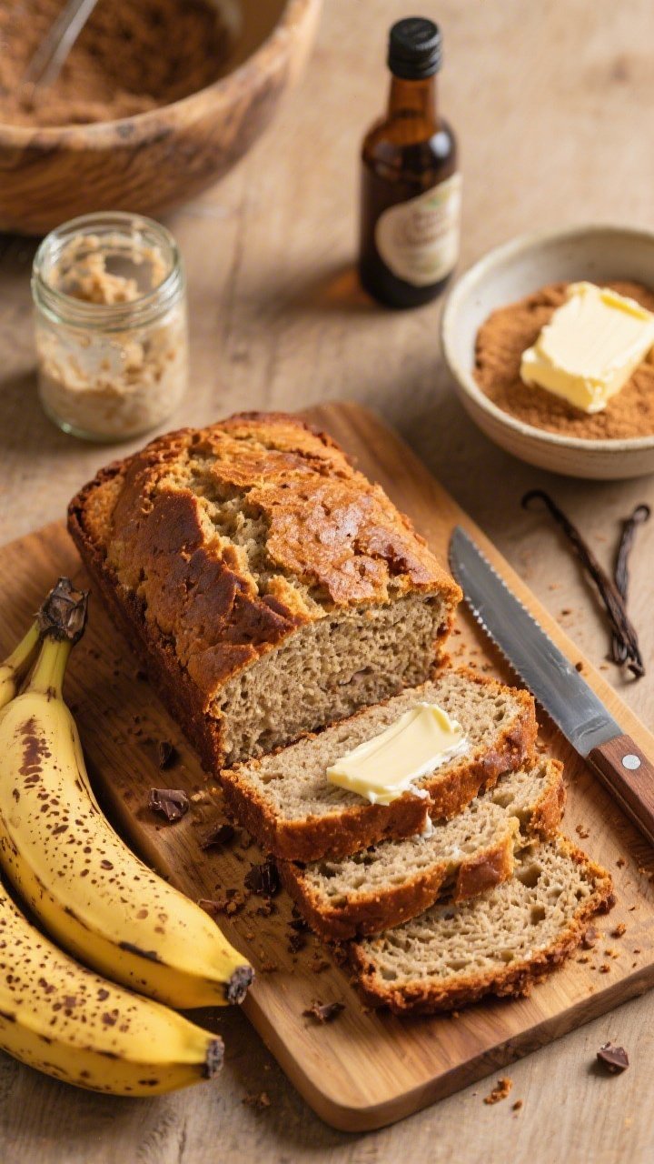 Overhead sliced sourdough banana bread on a wooden board, tight crumb and moist sheen visible, a few chocolate-free crumbs to emphasize texture; include ripe speckled bananas, a small jar of sourdough discard, softened butter with brown sugar in a mixing bowl, and vanilla extract bottle; warm, homey tones with a buttered slice and knife in frame.
